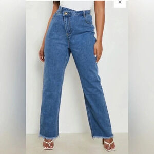 NWT Boohoo Blue Denim Jeans Size 14 Straight Leg Asymmetrical Waistband